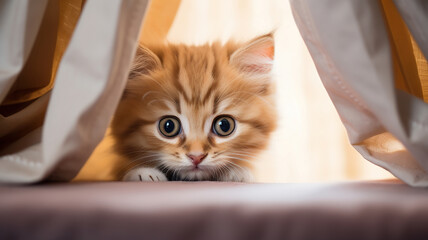 kitten peeking out from behind a curtain - obrazy, fototapety, plakaty
