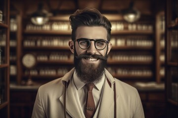 Obraz premium A confident, handsome and stylish young European with a beard and glasses, exuding modern urban elegance.