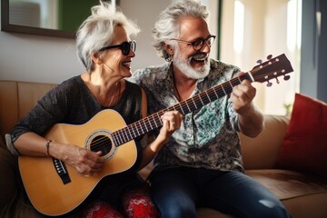 The elderly couple enjoy a musical moment at home, playing guitar and singing together, strengthening their bond.