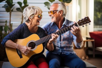 Cheerful elderly couple enjoy music moment together, play guitar, sing on sofa at home.