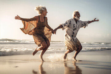 Happy elderly couple enjoy romantic and active beach holiday, walking, dancing and jumping together by the sea.