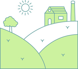 Fototapeta premium Sun Landscape With House Icon In Green And White Color.