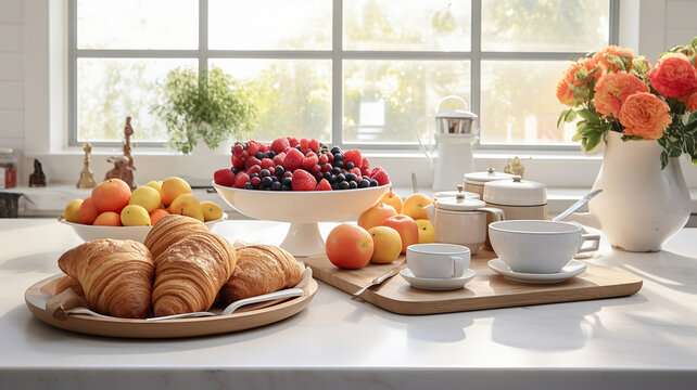 A perfectly arranged breakfast table featuring coffee, pastries, and fruits against the backdrop of a pristine white kitchen