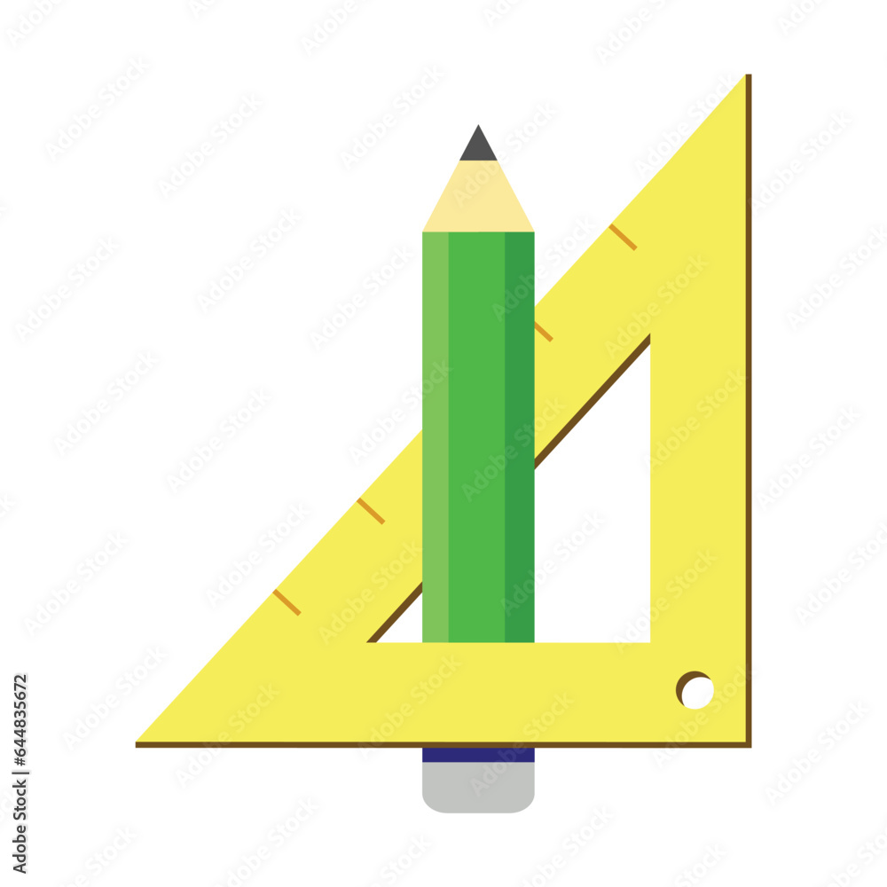Aufkleber triangular ruler and simple wooden pencil. tools for sketching or drawing in geometry lesson. multic