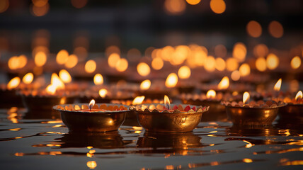the serene beauty of diyas floating on water, as commonly seen during Diwali celebrations