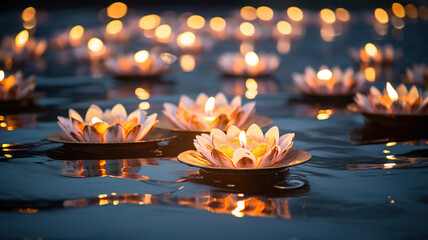 the serene beauty of diyas floating on water, as commonly seen during Diwali celebrations
