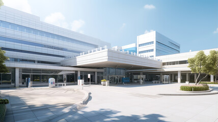 the exterior facade and main entrance of the hospital building