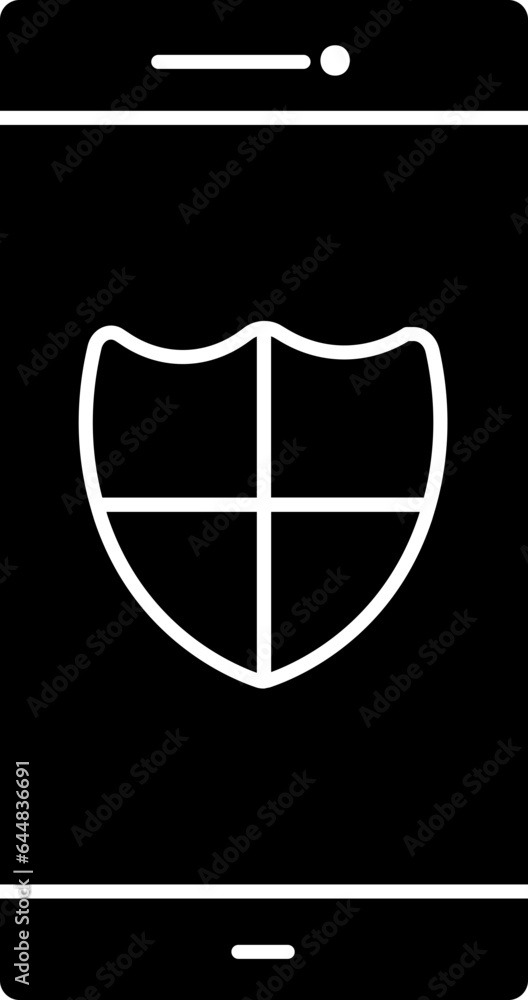 Poster smartphone with security shield icon in b&w color.