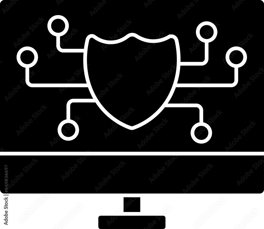 Poster b&w color security shield in monitor icon.