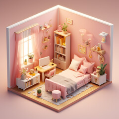 Detailed 3d render illustration of isometric block of Small Children's room interior. Generative Ai