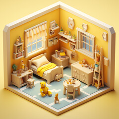 Detailed 3d render illustration of isometric block of Small Children's room interior. Generative Ai