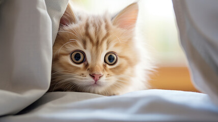 A curious kitten peeking out from behind a curtain