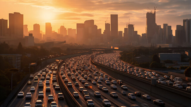 a congested road with vehicles at a standstill, depicting the typical scene of a traffic jam