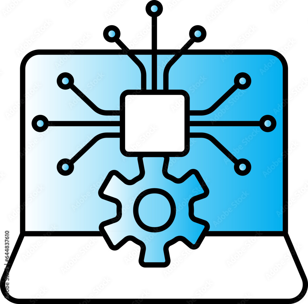 Poster chip setting connection in laptop screen blue gradient icon.