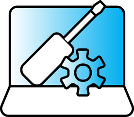 Screwdriver With Cogwheel In Laptop Screen Blue And White Icon.