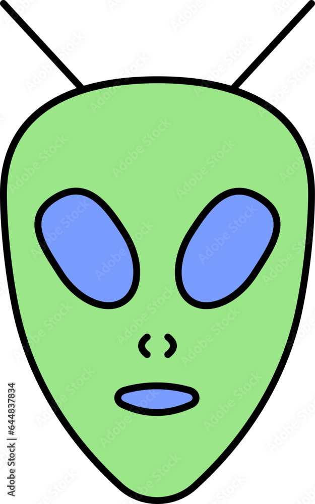 Poster Alien Cartoon Character Face Icon In Green And Blue Color.