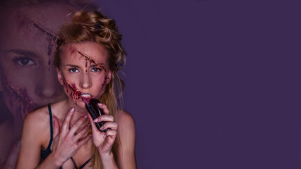 Girl with Halloween makeup with scars and blood