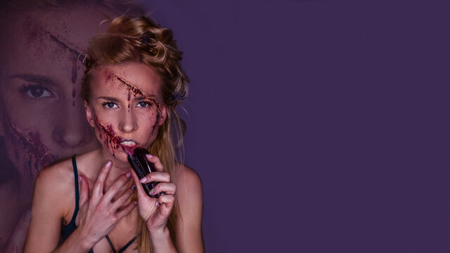 Girl with Halloween makeup with scars and blood