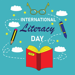 literacy day vector greeting card.