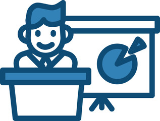 Businessman Presenting Chart Icon In Blue And White Color.