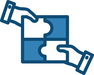 Hand Holding Puzzle Icon In Blue And White Color.