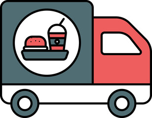 Fast Food Delivery Truck Icon In Teal And Red Color.