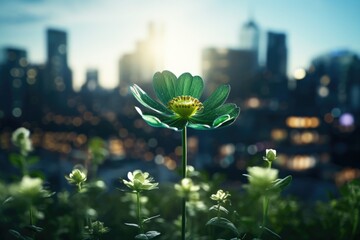 A green flower with a city in the background. Imaginary illustration. Sustainable future concept.