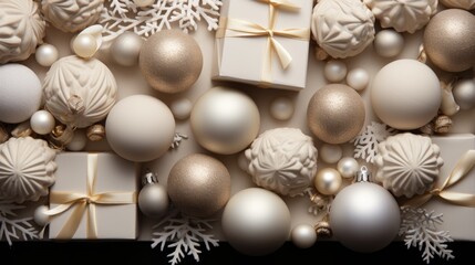 A pile of white and gold christmas ornaments. Digital image. Christmas decor.