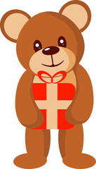 Red And Brown Cute Beer Character Holding Gift Box Vector.