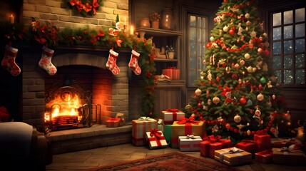 Christmas Tree, Stockings Hung by the Fireplace, Presents: A Festive Holiday Scene Filled with Yuletide Joy