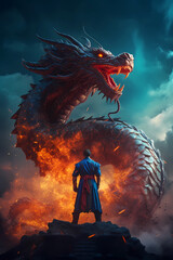 Shaolin monk facing a great Chinese dragon - obrazy, fototapety, plakaty