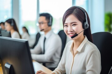 Customer support agent or call center in headset working at customer service office.