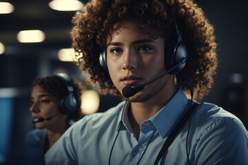 Customer service representative with curly hair talking through headset