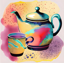 Colorful watercolor Tea cup and tea pot. - obrazy, fototapety, plakaty
