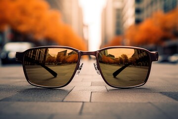 A pair of sunglasses sitting on a sidewalk. Imaginary illustration.