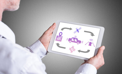 Fototapeta na wymiar Autonomous vehicle concept on a tablet