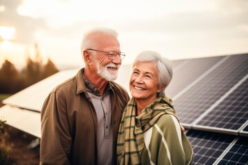 mature  couple stand in front of a solar panels