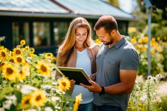 young  couple stand in front of a solar panels while checking a computer 