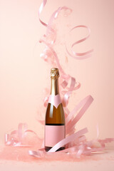 Bottle of champagne on pink background. Festive girly background, anniversary, birthday, celebration concept. AI generative, illustration