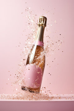 Bottle Of Champagne On Pink Background. Festive Girly Background, Anniversary, Birthday, Celebration Concept. AI Generative, Illustration