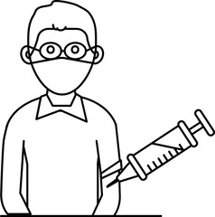 Cartoon Man Vaccinated Icon In Black Line Art.