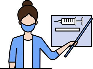 Woman Teaching Of Vaccination Icon In Blue And White Color.