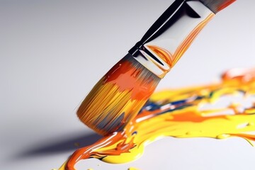 A close up of a paint brush with yellow paint. Imaginary illustration.