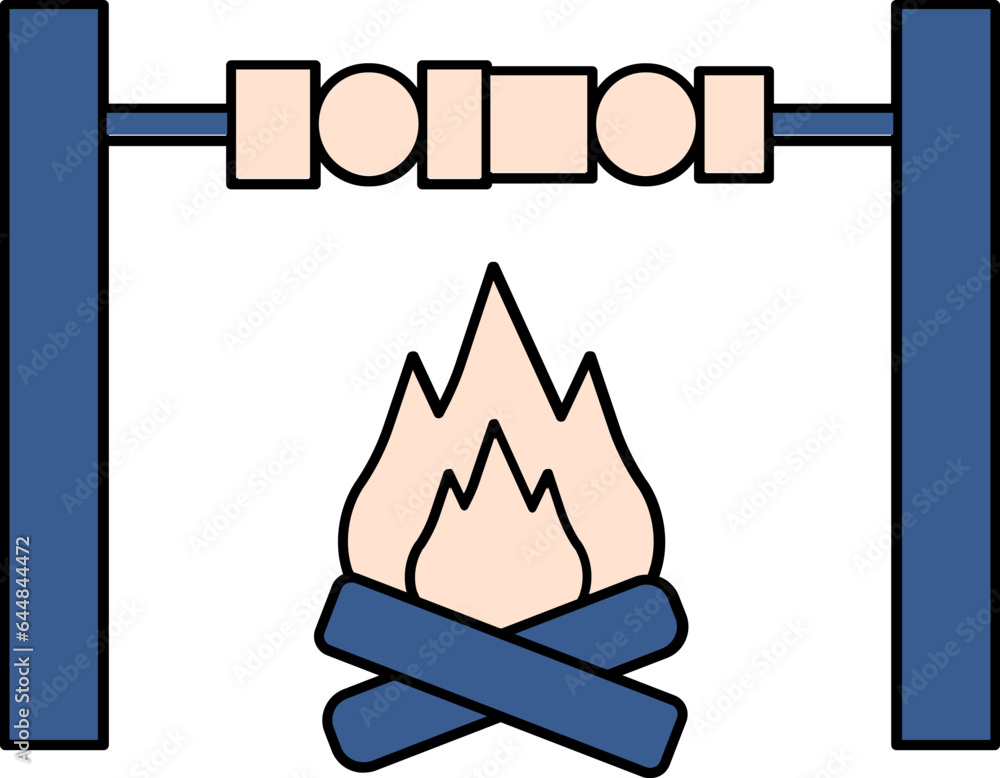 Poster shish kebab on bonfire icon in blue and peach color.