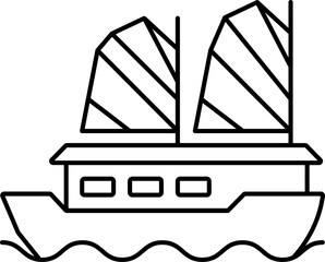 Ship on Wave Icon In Black Line Art.