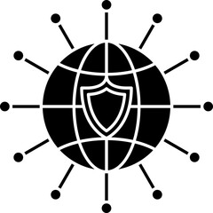 Global Networking With Shield Icon In B&W Color.