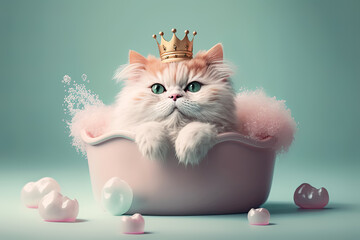 illustration of breedly cat with crown laying in the bath. grooming animal concept