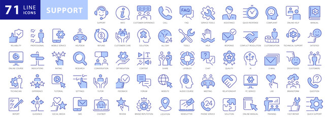 Customer Service and Support, Thin Line Icon Set. Outline Style Blue Icon Set contains such Icons as Satisfaction, Support, Helpdesk, Response, Feedback, FAQ and more. Full Vector icons set