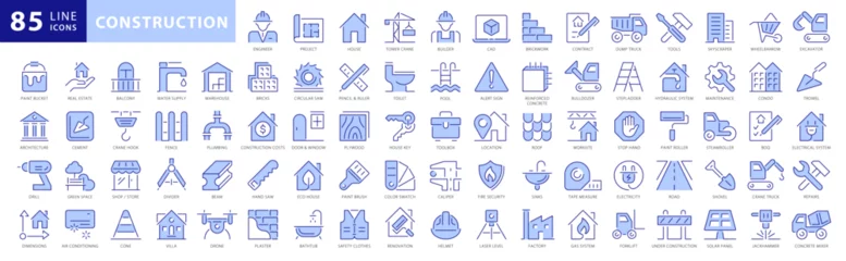 Gardinen Building and construction icon element set. With concepts like excavator, building, contract, excavator, maintenance, engineer, builder, architecture and more. Solid colored icons vector collection © FourLeafLover