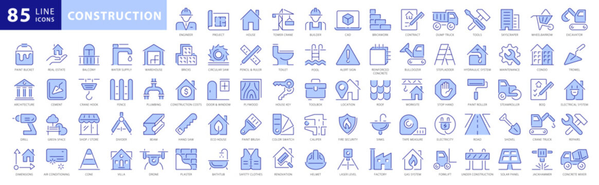 Building and construction icon element set. With concepts like excavator, building, contract, excavator, maintenance, engineer, builder, architecture and more. Solid colored icons vector collection